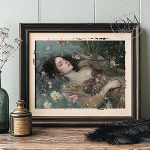 May include: Framed art print featuring a woman floating in water, surrounded by flowers. The artwork has a vintage aesthetic with soft colors and a dreamy quality. The frame is dark brown with distressed edges. The text "Dark Moody Wall Art" is in the upper right corner.