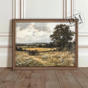 カントリーファームハウス 印刷可能なヴィンテージ絵画、カートのある風景 ウォールアートプリント、デジタルダウンロードプリント