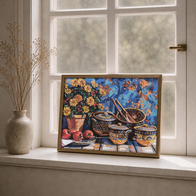 May include: A framed still life painting featuring a terracotta pot of yellow flowers, ceramic bowls, and red apples. The painting has a gold frame and is set against a blue and orange background. The scene is on a windowsill.