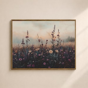 Wildflower Field at Sunrise Printable Wall Art, Misty Floral Landscape, Vintage Digital Download