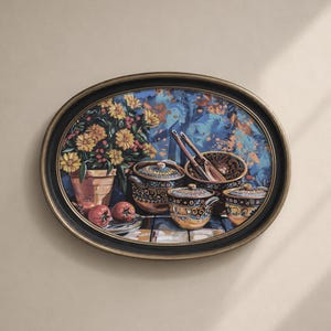 May include: Oval wall art featuring a still life with a floral arrangement, decorative bowls, and serving spoons. The artwork has a black and gold frame. The background is a blue and orange floral pattern. The bowls and pots have a gold and blue design.