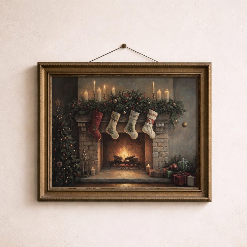 May include: A framed painting depicts a cozy Christmas scene. A fireplace with a roaring fire is adorned with four hanging stockings. A decorated Christmas tree stands to the left, and candles and greenery decorate the mantel. Presents are placed below.