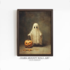 Cute Ghost with Pumpkin Print, Dark Halloween Art, Moody Digital Printable Decor, Dark Academia Decor