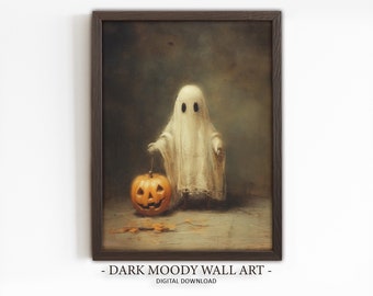 Schattig spook met pompoenprint, donkere Halloween-kunst, humeurig digitaal afdrukbaar decor, decor Dark Academia
