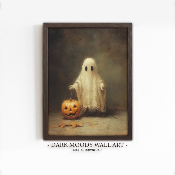 Cute Ghost with Pumpkin Print, Dark Halloween Art, Moody Digital Printable Decor