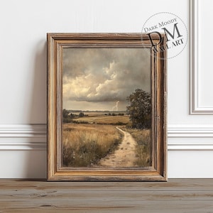 English Countryside Storm Printable Wall Art, Rustic Lightning Landscape, Vintage Digital Download