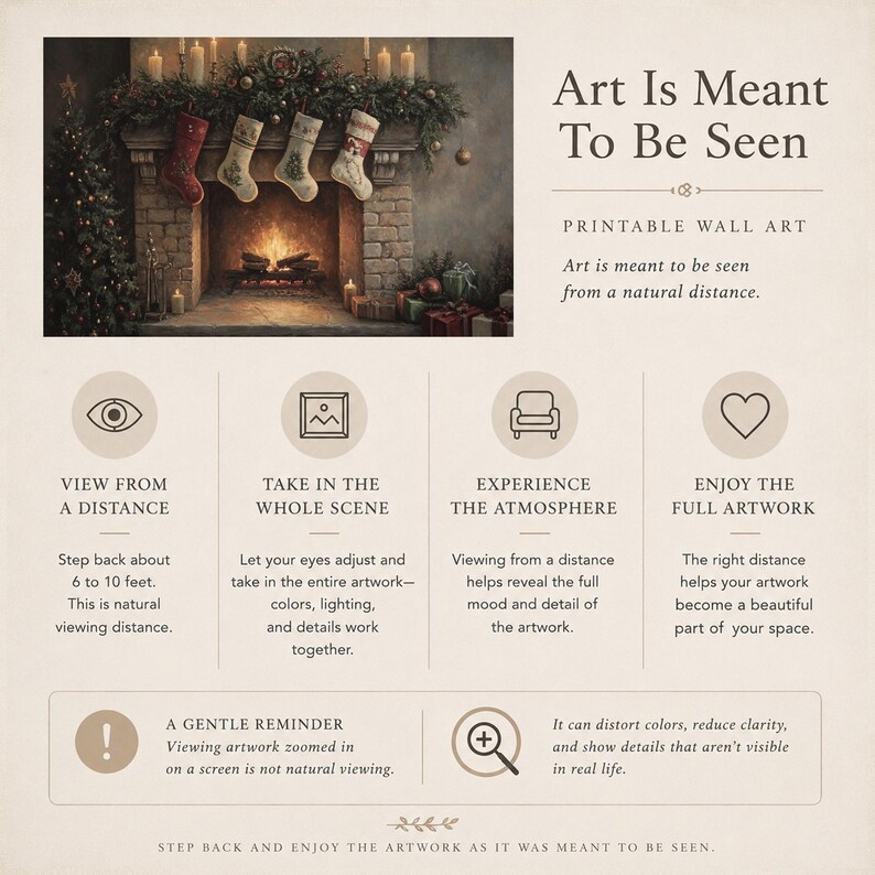 May include: Printable wall art with the text "Art Is Meant To Be Seen". The image features a cozy fireplace scene with stockings, candles, and a Christmas tree. The artwork is meant to be viewed from a natural distance.