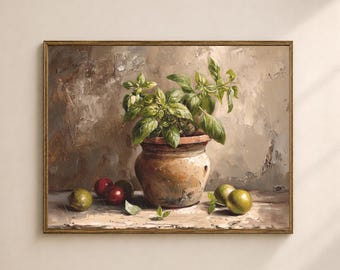 Italiaanse rustieke keuken basilicum afdrukbare muurkunst, humeurig kruid stilleven, vintage digitale download
