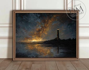 Stampa artistica murale raffigurante un faro sulla costa, stampa di un paesaggio marino cupo e suggestivo, decorazione gotica a tema oceanico.