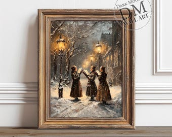 Villancicos navideños imprimibles, impresión navideña vintage, decoración navideña, decoración festiva, impresión de invierno victoriano, arte mural navideño, impresión melancólica
