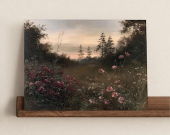May include: A rectangular wall art print featuring a landscape painting of a meadow at dusk. The scene displays dark green trees, a soft peach and grey sky, and a foreground filled with deep red roses and scattered light pink wildflowers.
