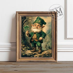 May include: A whimsical illustration of a green leprechaun holding a four-leaf clover in a forest setting. The leprechaun is wearing a green hat and a green suit with a white shirt and a gold belt. He is holding a walking stick in his right hand.