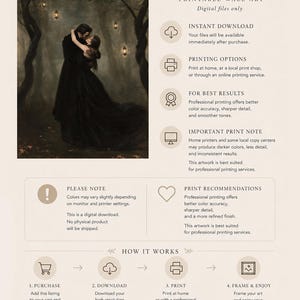 May include: A digital download listing for printable wall art featuring an illustration of two figures in black clothing embracing in a dark forest with hanging lanterns. The text includes instructions on printing options, how it works, and notes.