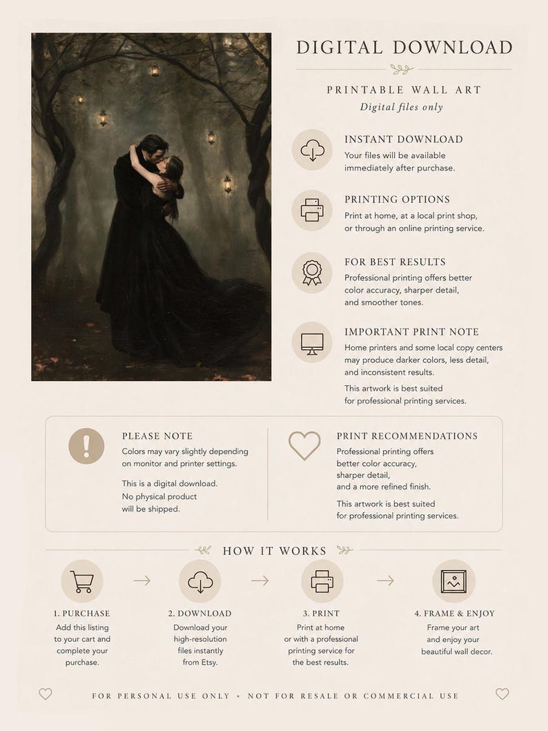 May include: A digital download listing for printable wall art featuring an illustration of two figures in black clothing embracing in a dark forest with hanging lanterns. The text includes instructions on printing options, how it works, and notes.