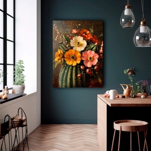 May include: A painting of a bouquet of flowers in various shades of pink, orange, and yellow. The flowers are arranged in a cactus vase.