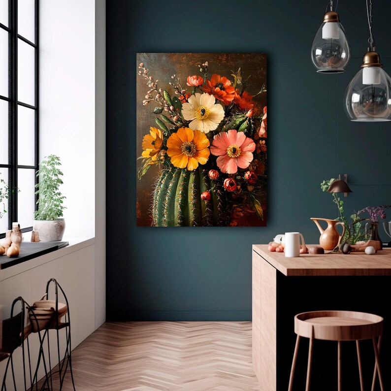 May include: A painting of a bouquet of flowers in various shades of pink, orange, and yellow. The flowers are arranged in a cactus vase.