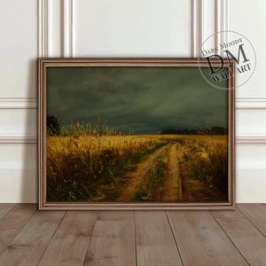 Dirt Road Through Golden Wheat Field Under Storm Clouds, Printable Dark Moody Wall Art, Rustic Countryside Path Print, Digital Download