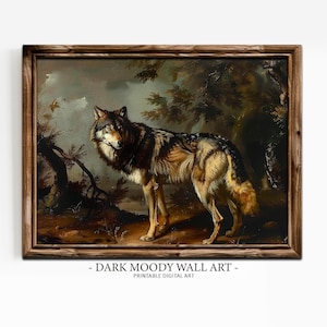 Antique Wolf Print, Printable Wolf Wall Art, Moody Rustic Farmhouse Decor, Vintage Dark Academia Decor, Digital Download