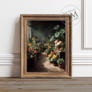 Gewächshaus Blumenraum Druck, druckbare dunkle launische Wandkunst, Vintage Botanischer Garten Dekor Kunstdruck, digitaler Download