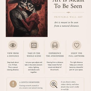 May include: Printable wall art with a Day of the Dead theme, showing a skeletal couple in formal wear embracing. The artwork is in red and brown tones, with the text "Art Is Meant To Be Seen" displayed prominently.