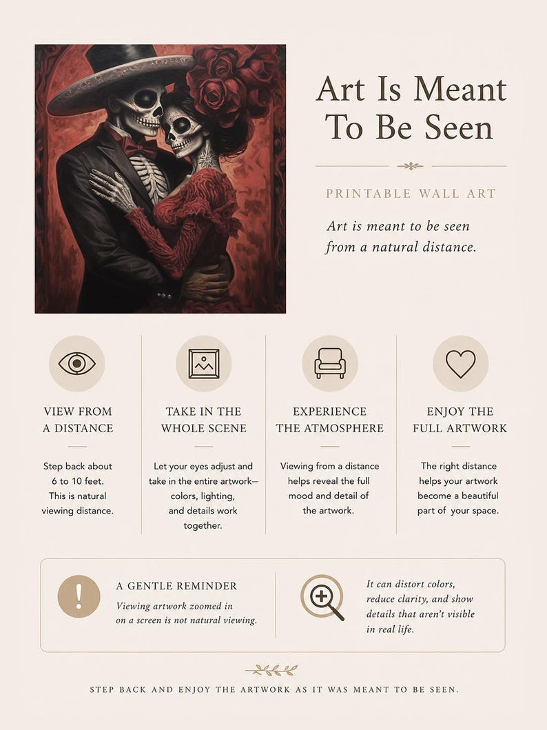 May include: Printable wall art with a Day of the Dead theme, showing a skeletal couple in formal wear embracing. The artwork is in red and brown tones, with the text "Art Is Meant To Be Seen" displayed prominently.