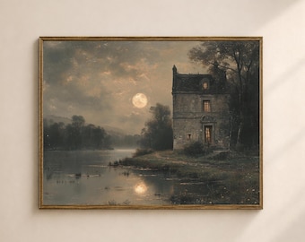 Moonlit Landscape Wall Art Printable, Moody Lakeside Manor Print, Gothic Living Room Decor