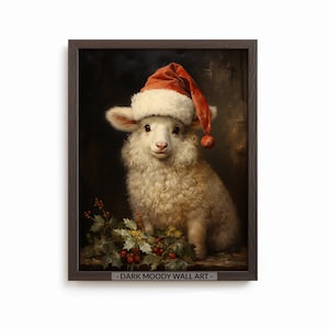 Christmas Lamb Printable Wall Art, Holiday Animal Portrait with Santa Hat, Digital Download