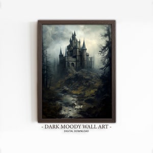 Vintage Schloss Stimmungsvolle Landschaftsdunkle Wand-Kunst - gotisches dunkles Cottagecore dunkles Academia Dekor-viktorianisches dunkles Ölgemälde