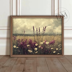 Wildblumen Wiese druckbare Wandkunst, stimmungsvolle rustikale Landschaftsdruck, Vintage digitaler Download Bild 1