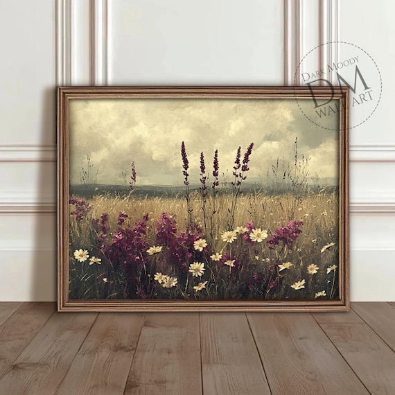 Wildflower Meadow Printable Wall Art, Moody Rustic Landscape Print, Vintage Digital Download