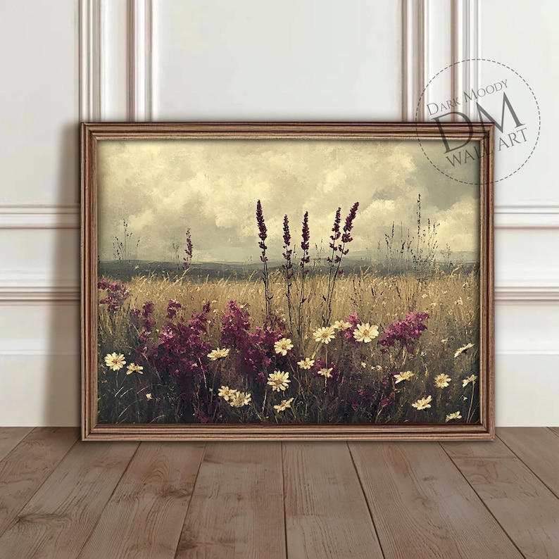 Wildblumen Wiese druckbare Wandkunst, stimmungsvolle rustikale Landschaftsdruck, Vintage digitaler Download Bild 1