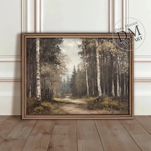 Könnte beinhalten: Ein gerahmtes Gemälde eines Waldweges mit hohen Bäumen und einem unbefestigten Weg, der in die Ferne führt. Die Bäume sind hauptsächlich Birken mit weißer Rinde, einige sind dunkelgrün. Das Gemälde ist in einem braunen Rahmen.
