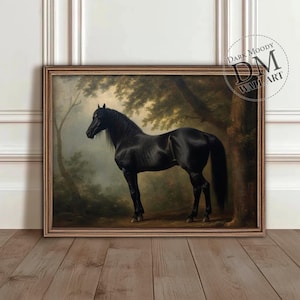 Schwarzes Pferd im Wald Dark Moody Printable Wandkunst, Vintage Pferdeportrait, digitaler Download