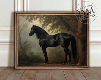May include: A black horse stands in a forest setting. The horse is facing to the left and has a long, flowing mane. The background is a dark green and brown, with trees and foliage.
