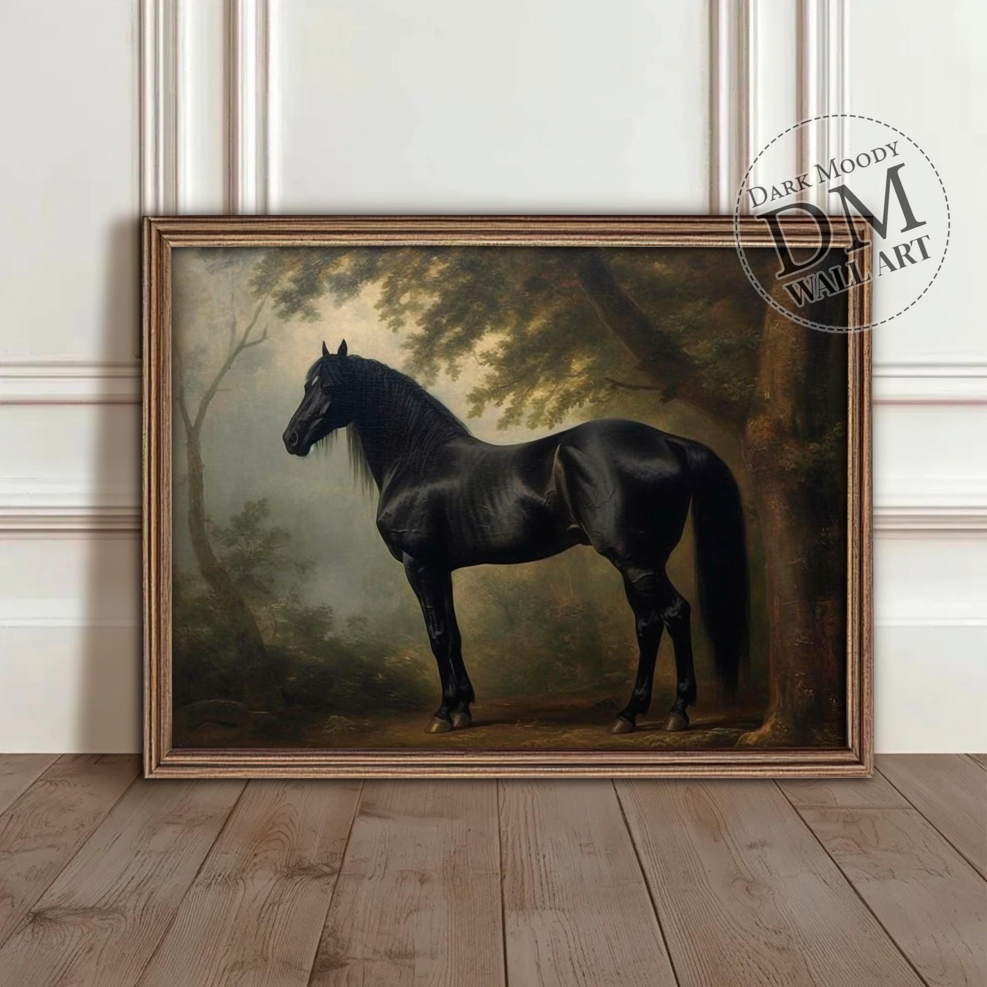 Art mural imprimable cheval noir en forêt sombre, impression portrait équin vintage, téléchargement numérique