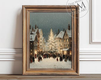 Victorian Christmas Village Wall Art Printable, Snowy Town Square Christmas Tree Print, Vintage Holiday Decor