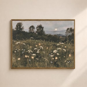 May include: A landscape painting in a rectangular frame depicting a meadow at twilight with white wildflowers and glowing fireflies. The scene features dark green trees against a muted sky with a pale moon, rendered in a soft, painterly style.