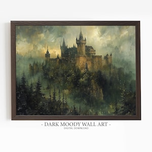 Dipinto di castello gotico, stampabile paesaggio scuro e malinconico, arte del castello medievale vittoriano, download digitale