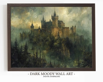 Pintura de castillo gótico, impresión de paisaje oscuro y melancólico para imprimir, arte de castillo medieval victoriano, descarga digital