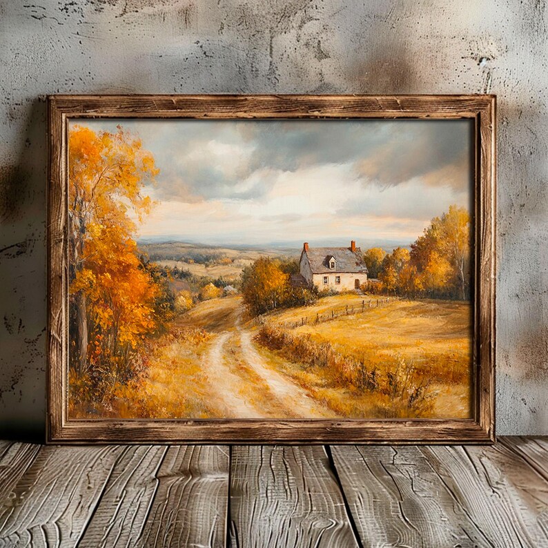 Autumn Country House Wall Art, Printable Fall Farm Landscape Painting