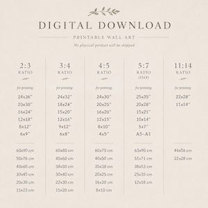 May include: Digital download printable wall art, displaying aspect ratios and sizes, including 24x36 inches, 20x30 inches, and 16x24 inches. Also shows metric measurements such as 60x90 cm, 50x76 cm, and 40x60 cm.