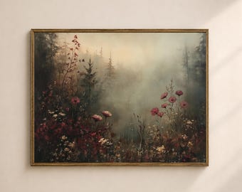 Puede incluir: Una impresión de arte mural rectangular en un marco dorado fino que presenta un paisaje de un bosque brumoso con árboles de color verde oscuro y un primer plano lleno de flores silvestres en tonos rojo intenso, burdeos y blanco bajo una luz suave.