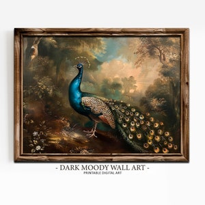 Stimmungsvoller antiker Pfau Print, druckbare Pfau Wandkunst, stimmungsvolle rustikale Bauernhausdekoration, Vintage Dark Academia Dekor, digitaler Download