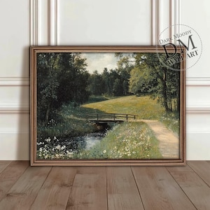 Stampa artistica da parete con paesaggio estivo vintage, ponte sul fiume stampabile in digitale, dipinti antichi di campagna estiva