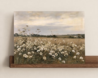Meadow Flower Art Print, White Wildflower Field Painting, Serene Vintage Printable Digital Wall Art