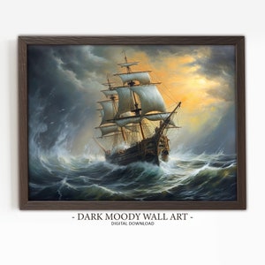 Vintage Ship, Stormy Ocean, Storm Painting, Seascape Print, Sea Wall Art, Printable Digital Artwork