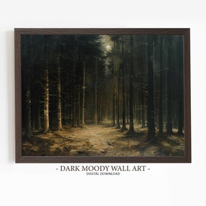 Moody Moonlight Forest Print, Dark Moody Art, Full Moon Painting, Moody Landscape Art, Printable Wall Art, Digital Download