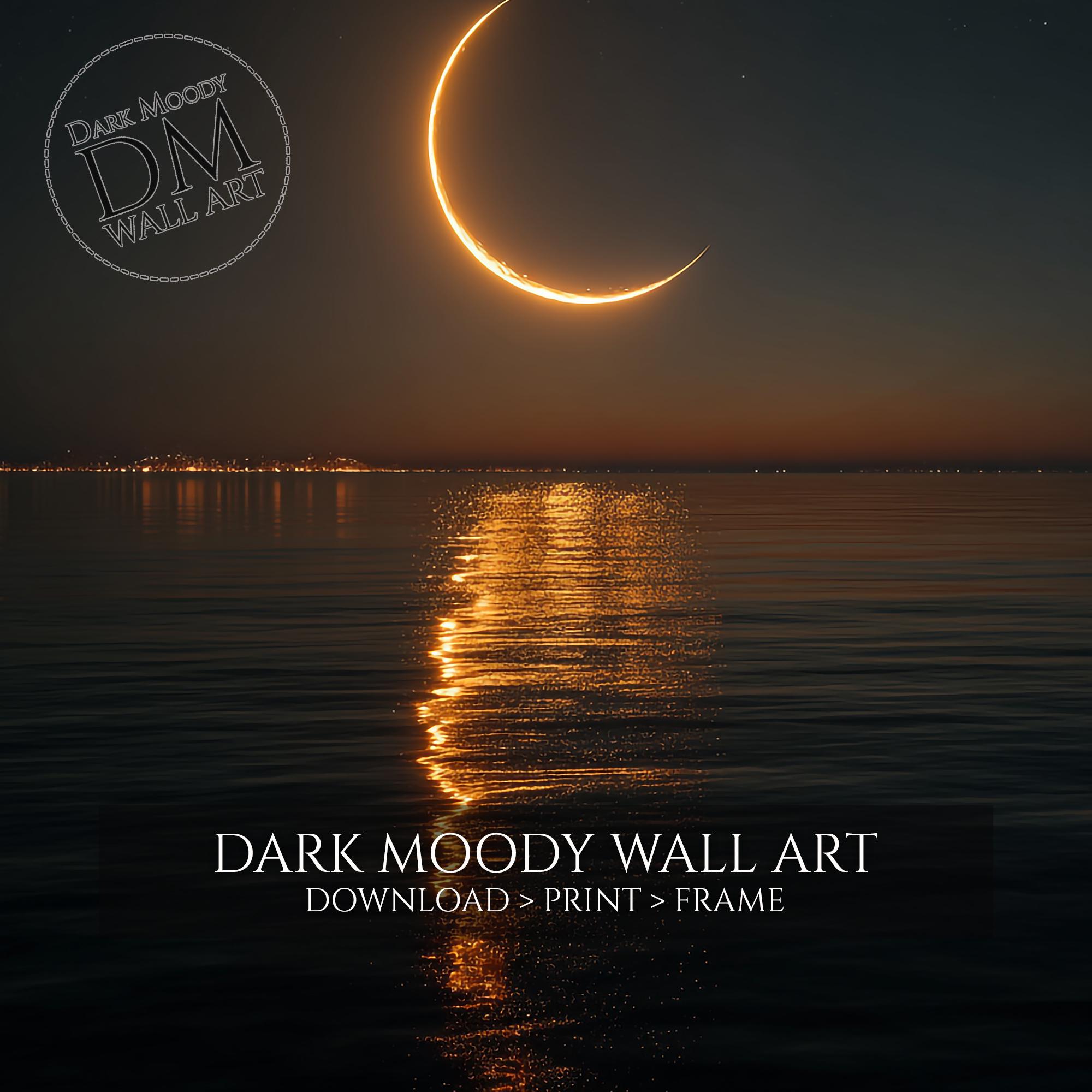 Crescent Moon Over Ocean Printable Wall Art, Moody Night Sky Seascape ...