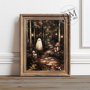 Dark Forest with Ghosts Print, Printable Halloween Wall Art, Dark Cottagecore Print, Rustic Farmhouse Art, Vintage Dark Academia Decor