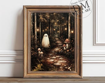 Dunkler Wald mit Geistern Druck, Halloween Wandkunst, Cottagecore Druck, rustikale Bauernhaus Kunst, Vintage Dark Academia Dekor